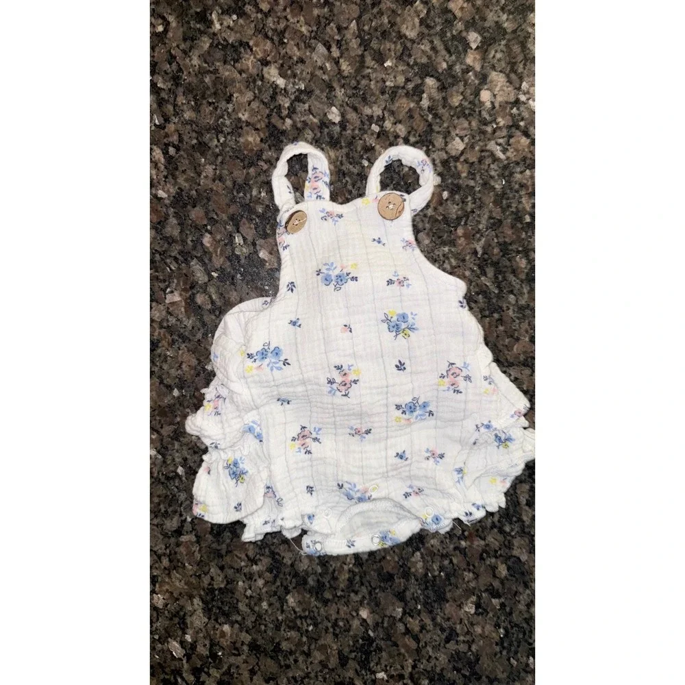 Emily and Oliver Baby Girls Floral Muslin Ruffle Romper White Blue 0-3 Months